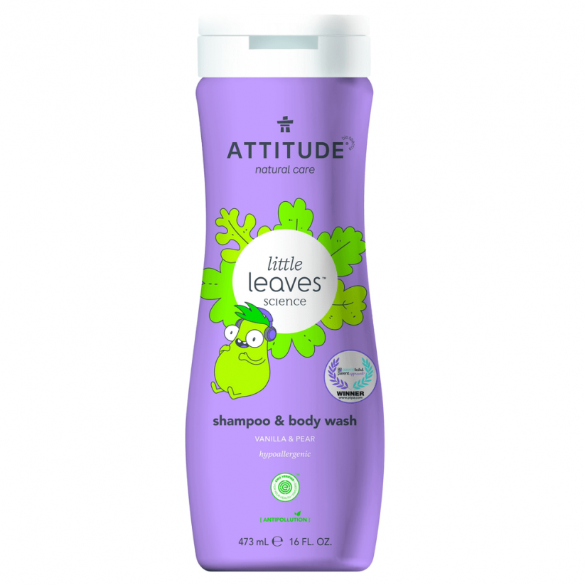 Attitude Detské telové mydlo a šampón (2v1) s vôňou Vanilky a Hrušky Little leaves 473ml