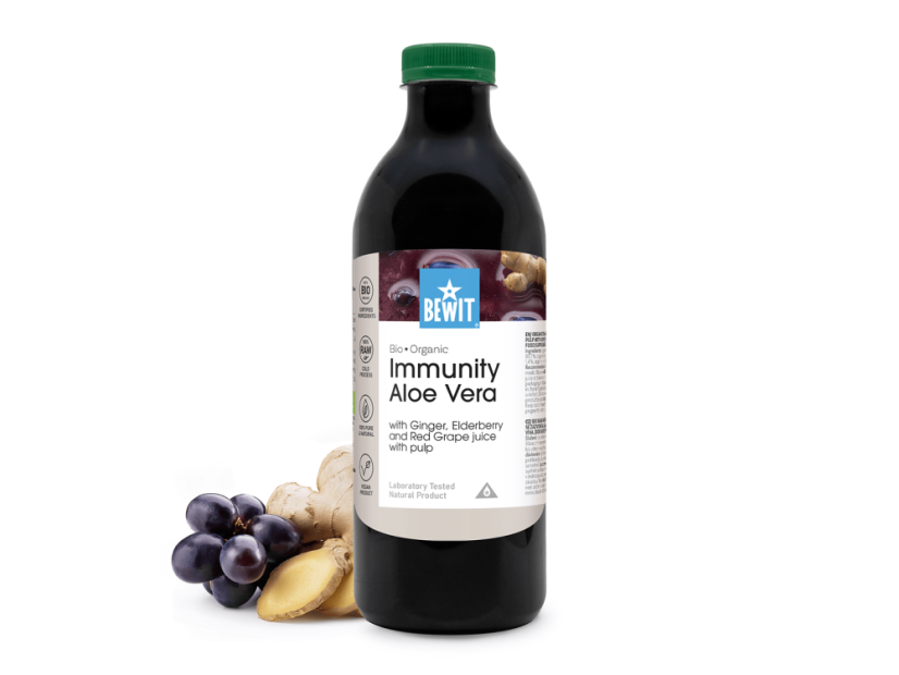 BEWIT Aloe Vera Immunity gel s dužinou BIO RAW – přírodní síla aloe obohacená o hroznové víno, černý bez a zázvor 1000ml